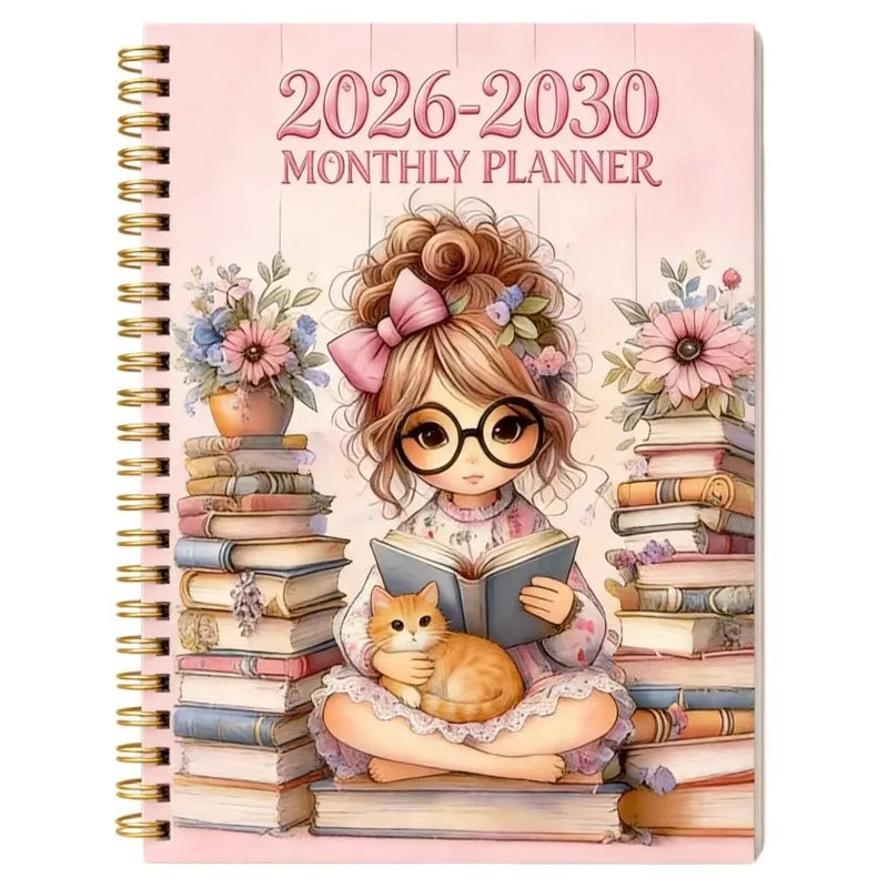 5-Year Monthly Planner with Reading-Themed Cover, Lay-Flat Spiral Binding