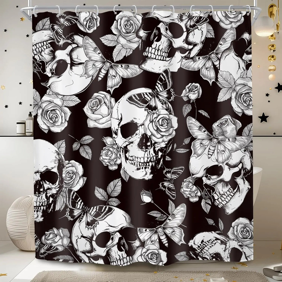 Black and white gothic skull shower curtain featuring detailed moth and rose floral designs