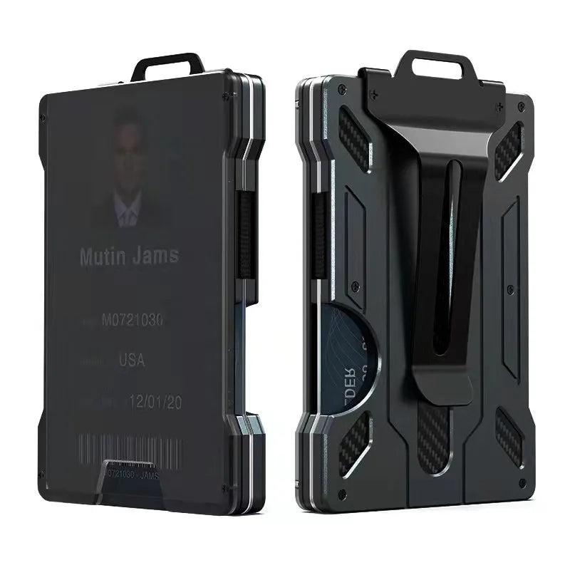 A black slim aluminum money clip wallet with a protective case is shown from the front.