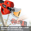 A hand holds a red cordless electric pruning shear with a 4.5cm cutting head, demonstrating its use.