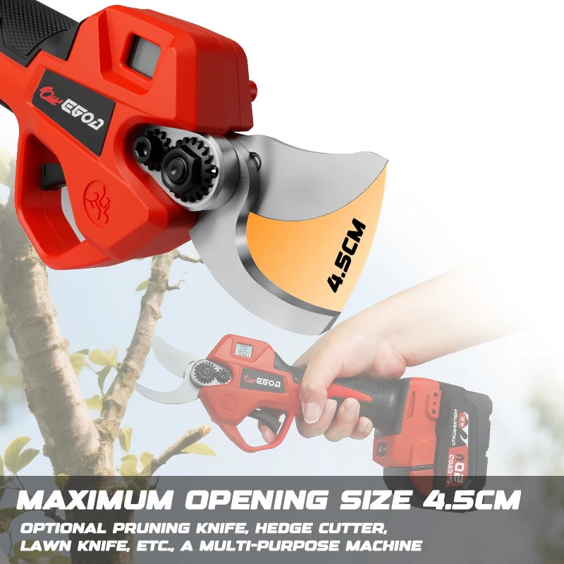 A hand holds a red cordless electric pruning shear with a 4.5cm cutting head, demonstrating its use.