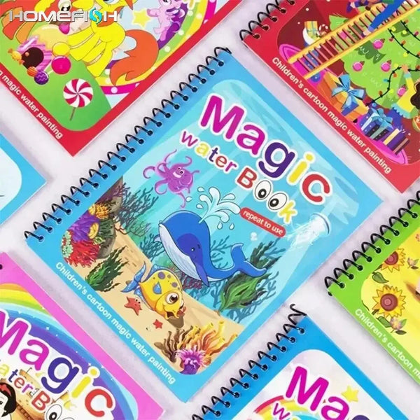 A colorful reusable magic water painting book for children featuring marine life and nature scenes.