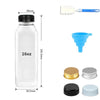 A clear plastic juice bottle with a black cap and a white silicone brush and blue plastic funnel shown next to various caps.