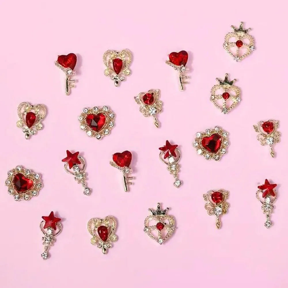 3D Red Heart Nail Art Charms with Gold Base (30-Piece Set)