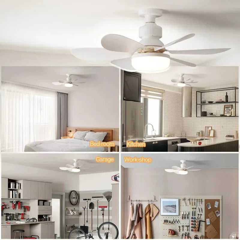 Colección de tomas de interiores mostrando un ventilador de techo moderno en varias habitaciones como dormitorio, cocina, gar