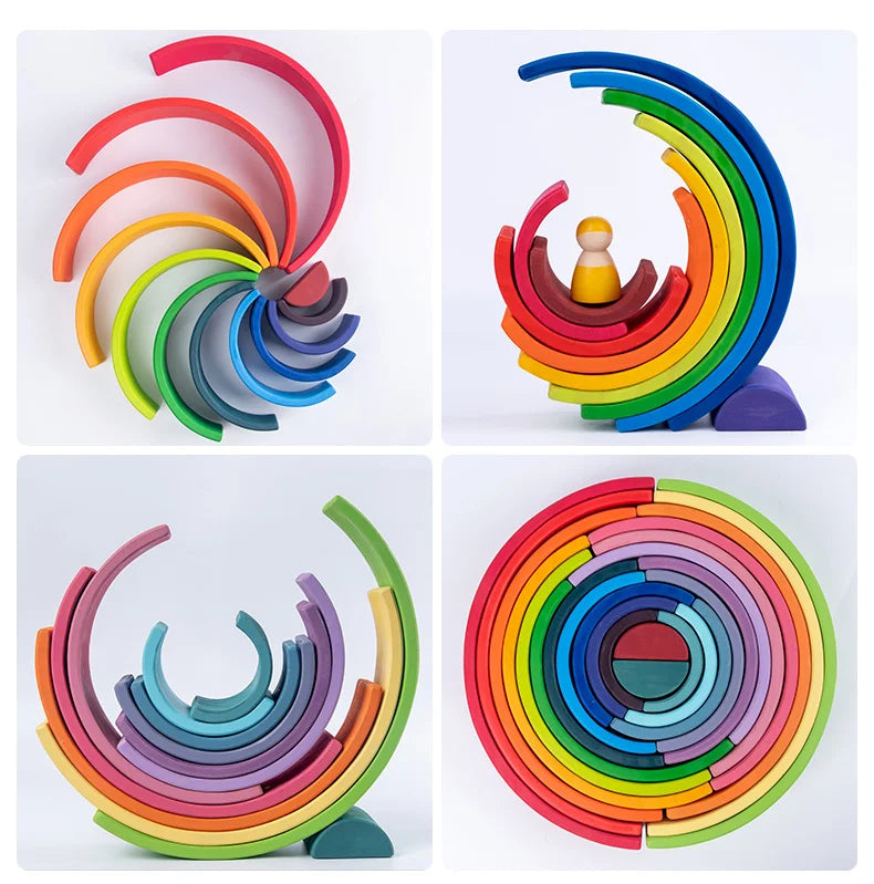 A set of wooden rainbow stacking blocks in various colors arranged in a spiral formation.