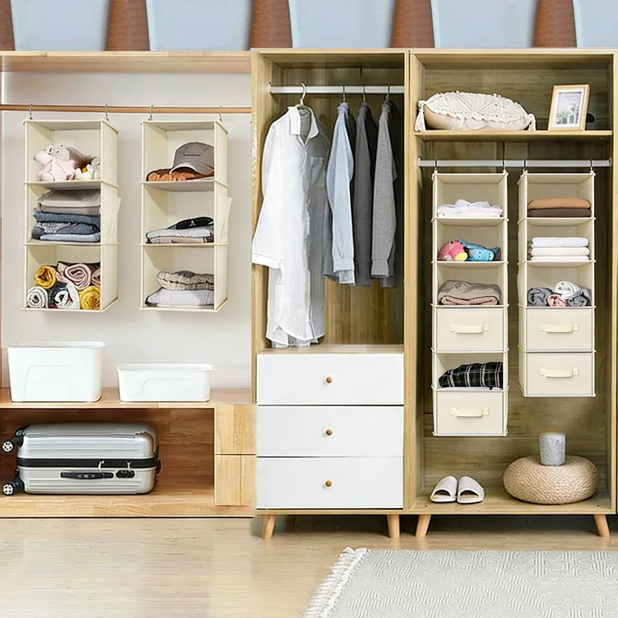 Foldable Hanging Closet Organizer with Multi-Tier Storage and Side Pockets
