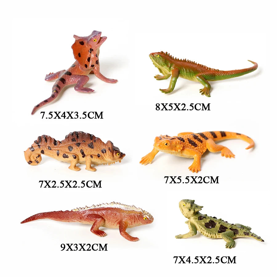 A collection of realistic animal figurines including a reddish-orange lizard, a green lizard, a brown tortoise, and a reddish