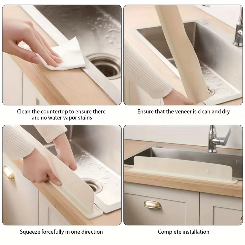 Hands demonstrate cleaning and installation of a flexible silicone sink splash guard on a kitchen countertop.