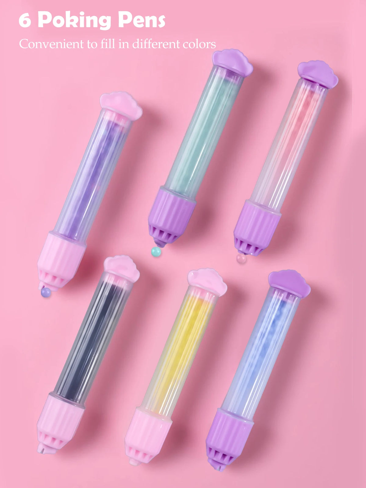 Six colorful poking pens in various shades of pink and purple arranged diagonally on a pink background.