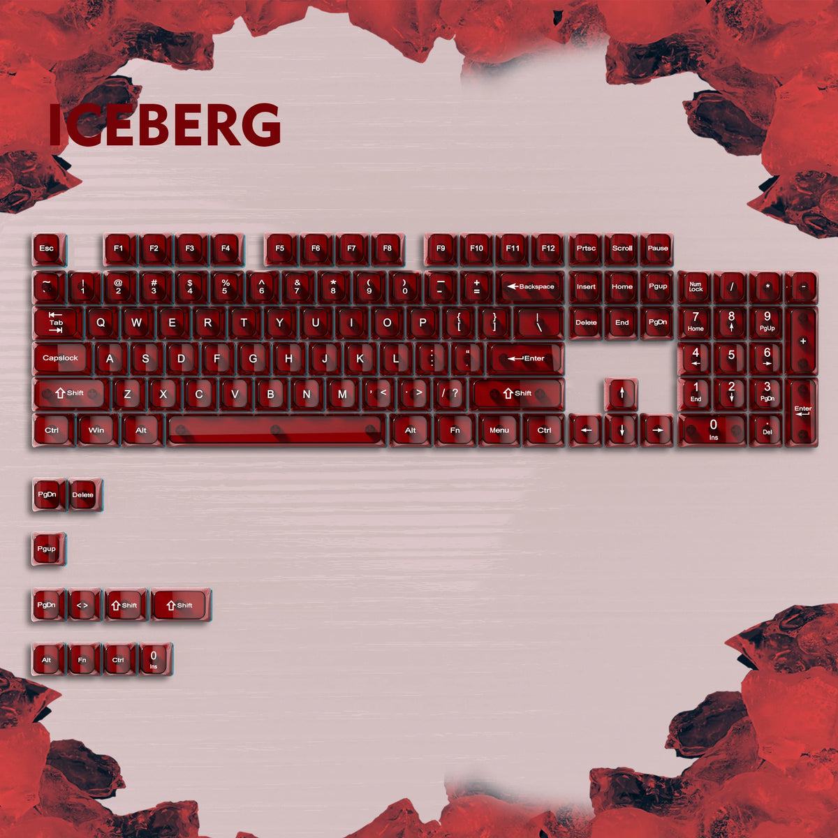 A close-up view of a red mechanical keyboard featuring an Iceberg theme and keycaps.