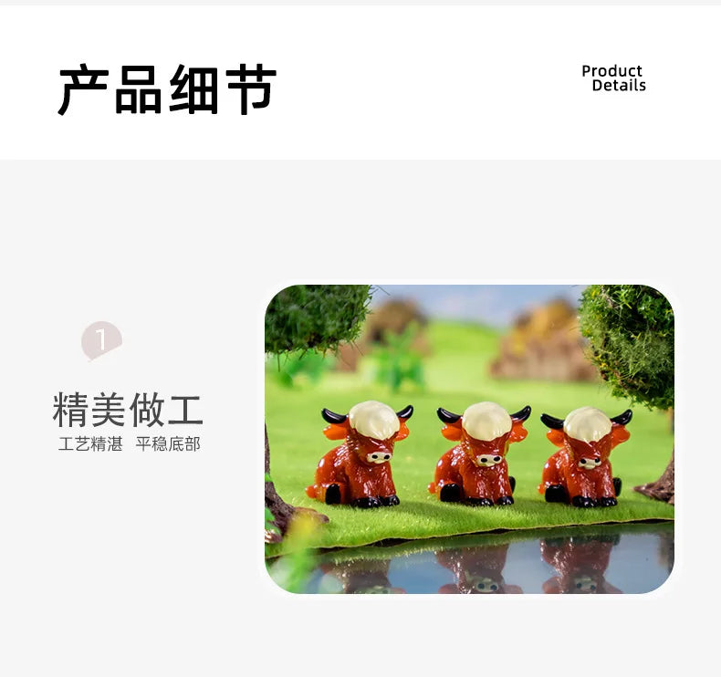 A set of three adorable resin Highland cow figurines in vibrant orange and brown colors displayed on green grass.