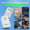 White plug-in energy saver device shown in various contexts including home, shop, internet bar, and KTV.