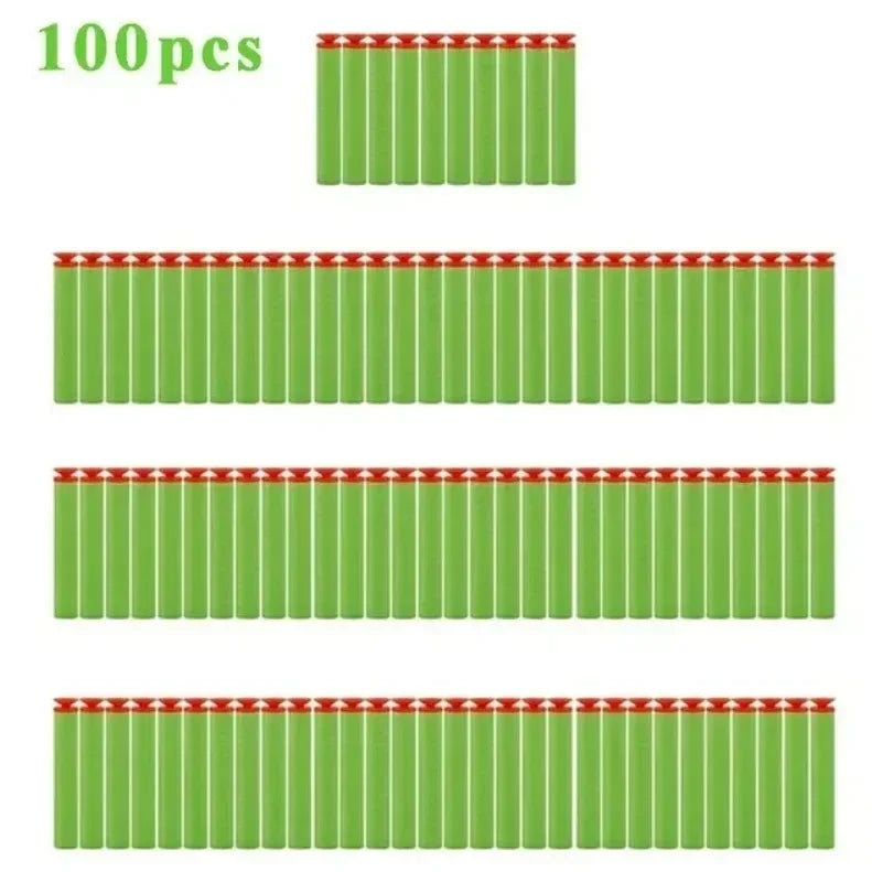 A set of 100 green electric gatling gun toy bullets with soft suction cups.