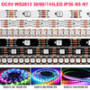 Three rolls of individually addressable RGB LED strips: DC5V WS2813-30, -60, and -144 versions.