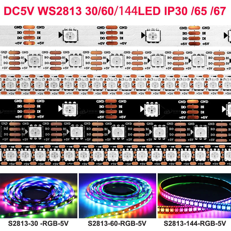 Three rolls of individually addressable RGB LED strips: DC5V WS2813-30, -60, and -144 versions.