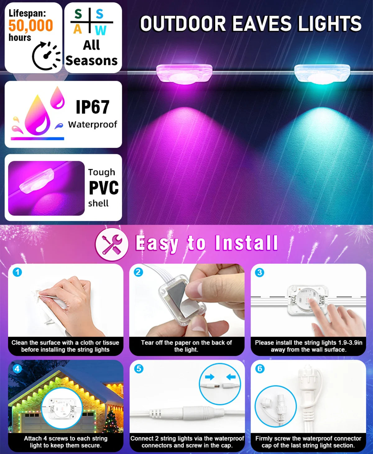 Installation guide showing how to install permanent RGBIC outdoor eave lights with a remote and app control.