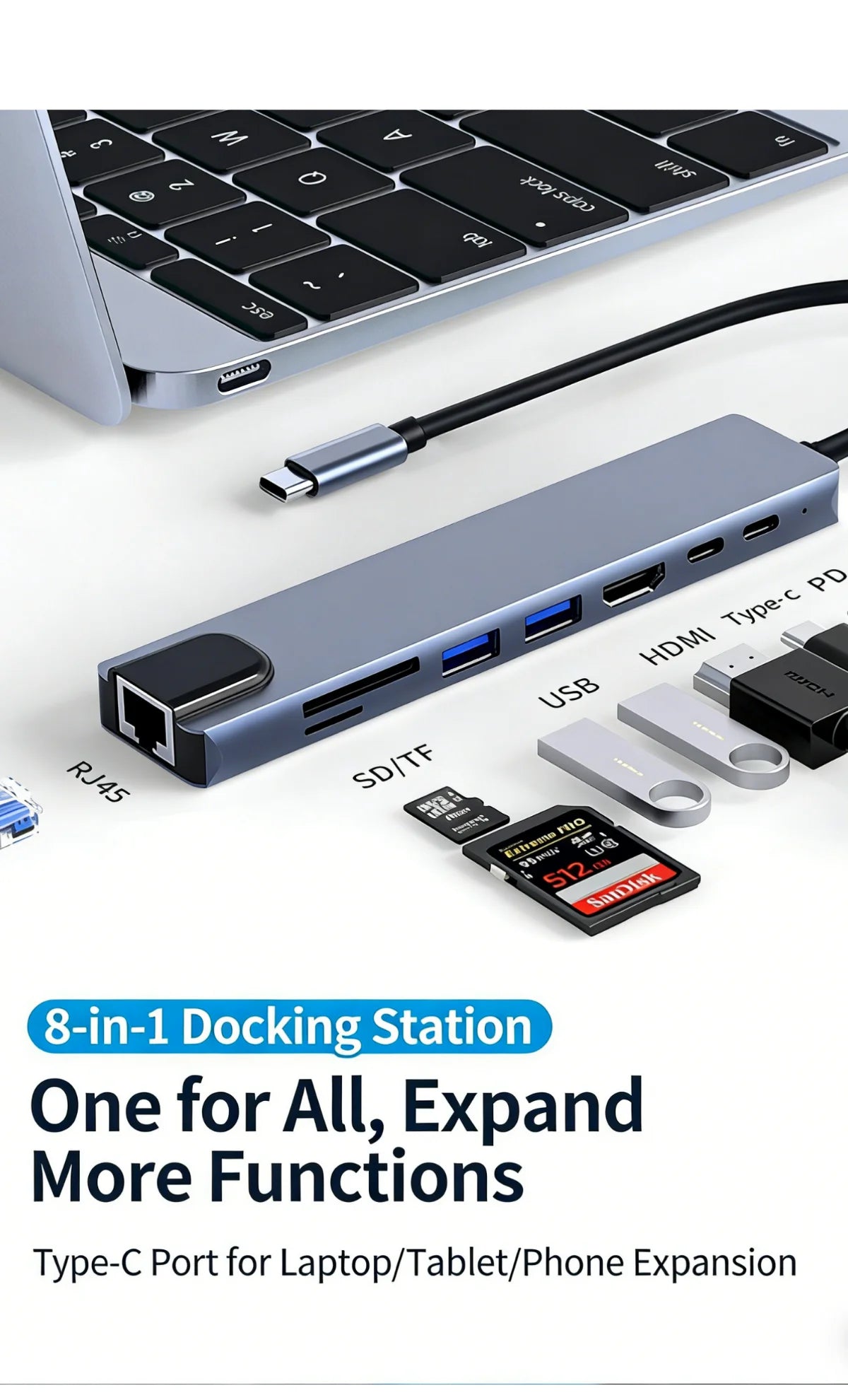 8-in-1 USB-C Hub with 4K HDMI, Gigabit Ethernet, and SD/TF Card Reader