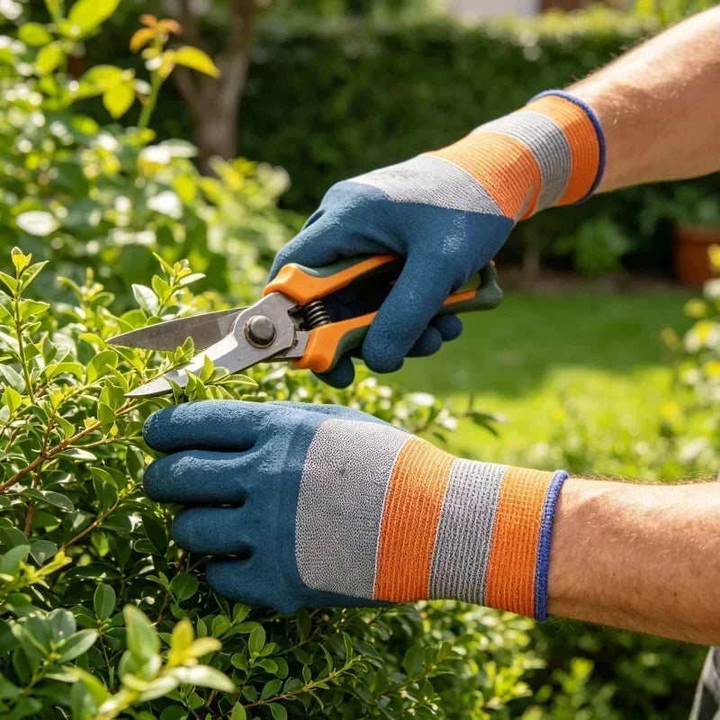 A hand wearing blue gardening gloves is using silver pruning shears on green foliage.