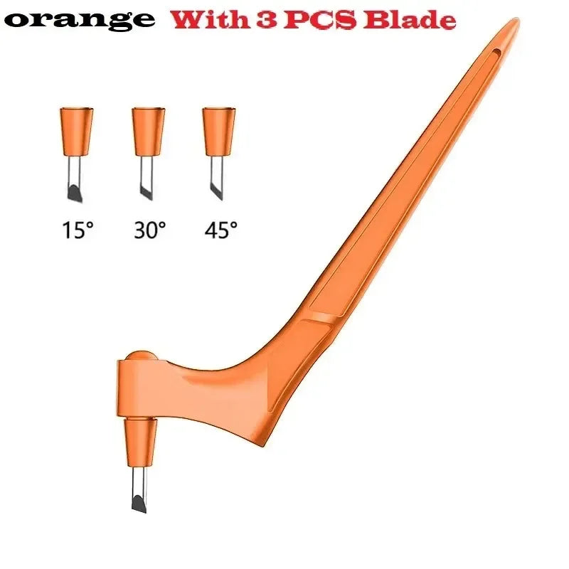 Orange precision craft knife with three replacement blades shown at 15, 30, and 45 degree angles.