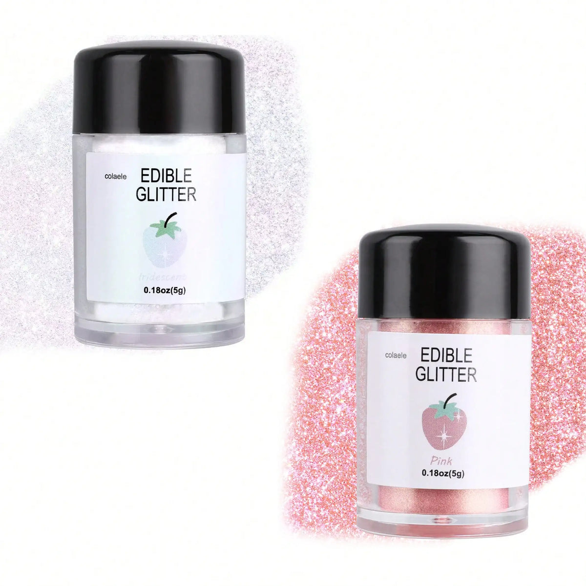 A glass jar of edible glitter powder in pink color with a strawberry illustration.