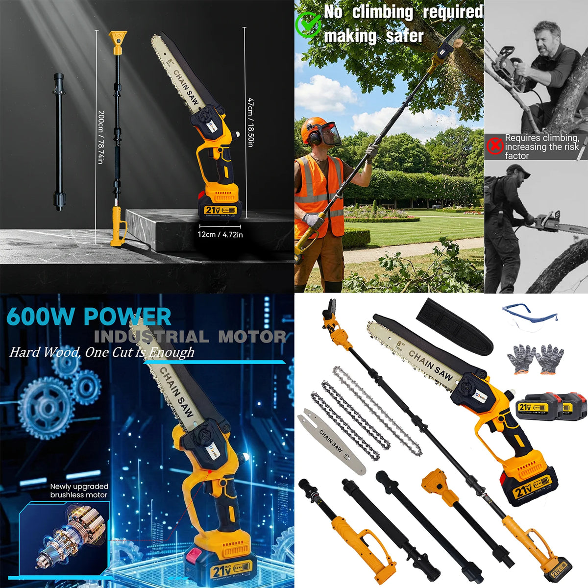 A yellow cordless pole saw with a 9-foot extension and dual batteries is shown next to a tree trunk.