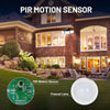 A PIR motion sensor and Fresnel lens are shown in front of a house with security lights.