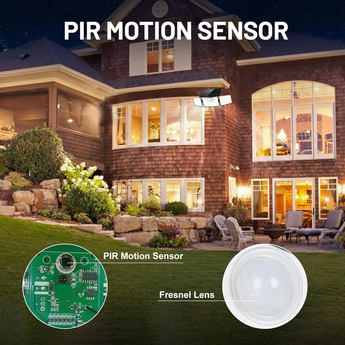 A PIR motion sensor and Fresnel lens are shown in front of a house with security lights.