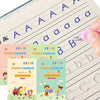 A hand is writing on a lined practice copybook for preschool children, showing colorful handwriting exercises.