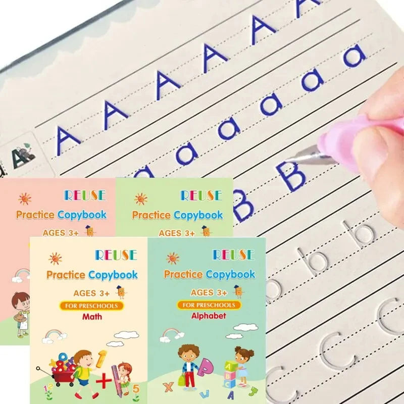 A hand is writing on a lined practice copybook for preschool children, showing colorful handwriting exercises.
