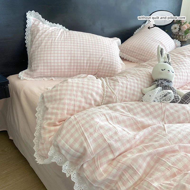 Lace Trim Plaid Duvet Cover Set with Pillowcases