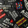 A collection of black embroidered iron-on patches featuring text like RAD LIKE DAD, I'M HATER, and other funny sayings.