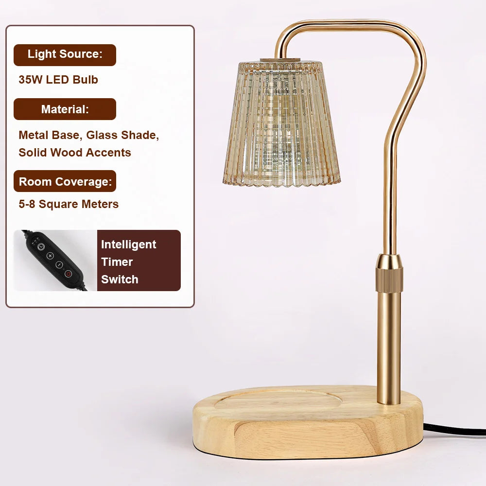 A modern brass floor lamp with a textured glass shade and wooden base, featuring a 35W LED bulb.