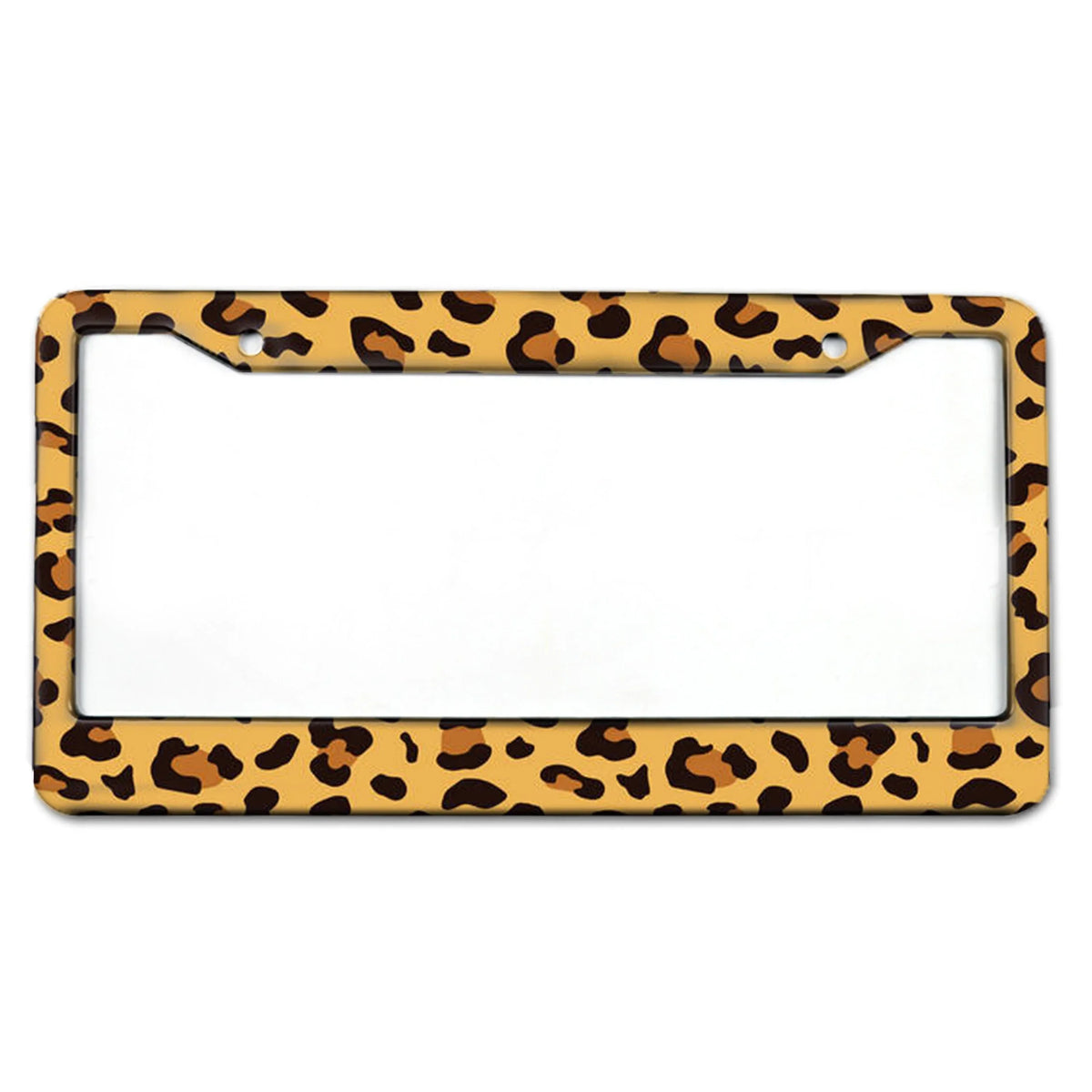 A rectangular license plate frame with a leopard print design, featuring a gold-toned border and mounting tabs.