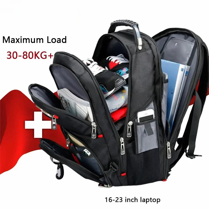 Black waterproof laptop backpack shown open, displaying capacity and features.