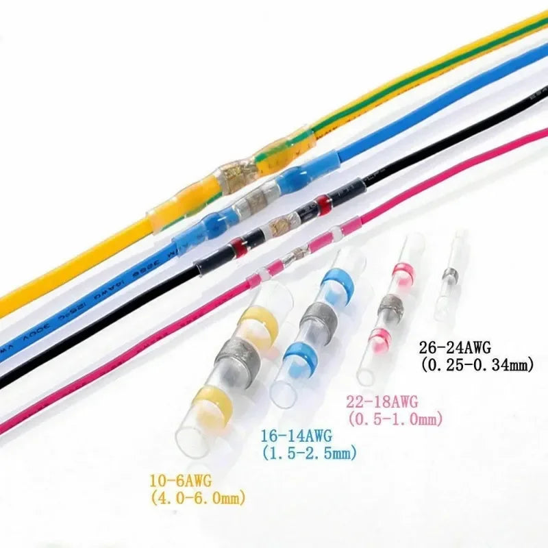 Assortment of waterproof heat shrink solder wire connectors in various colors and gauges