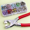A clear plastic container holds a 50-piece snap fastener kit with hand press pliers.