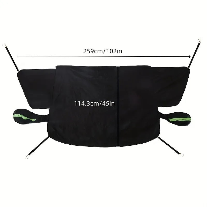 Black magnetic windshield cover with green accents for winter protection
