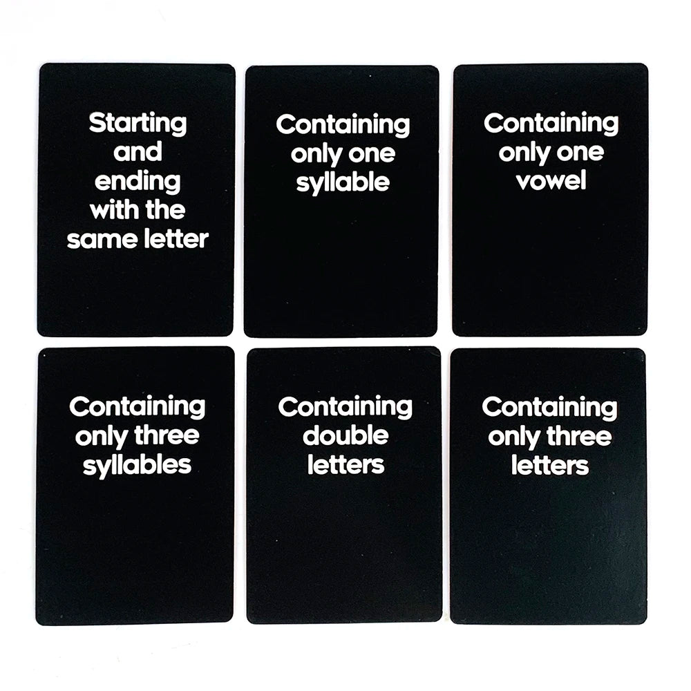 A set of eight black cards for a name party card game featuring various letter and syllable constraints