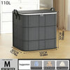 A gray foldable storage organizer bag with a lid is shown next to a measurement scale.