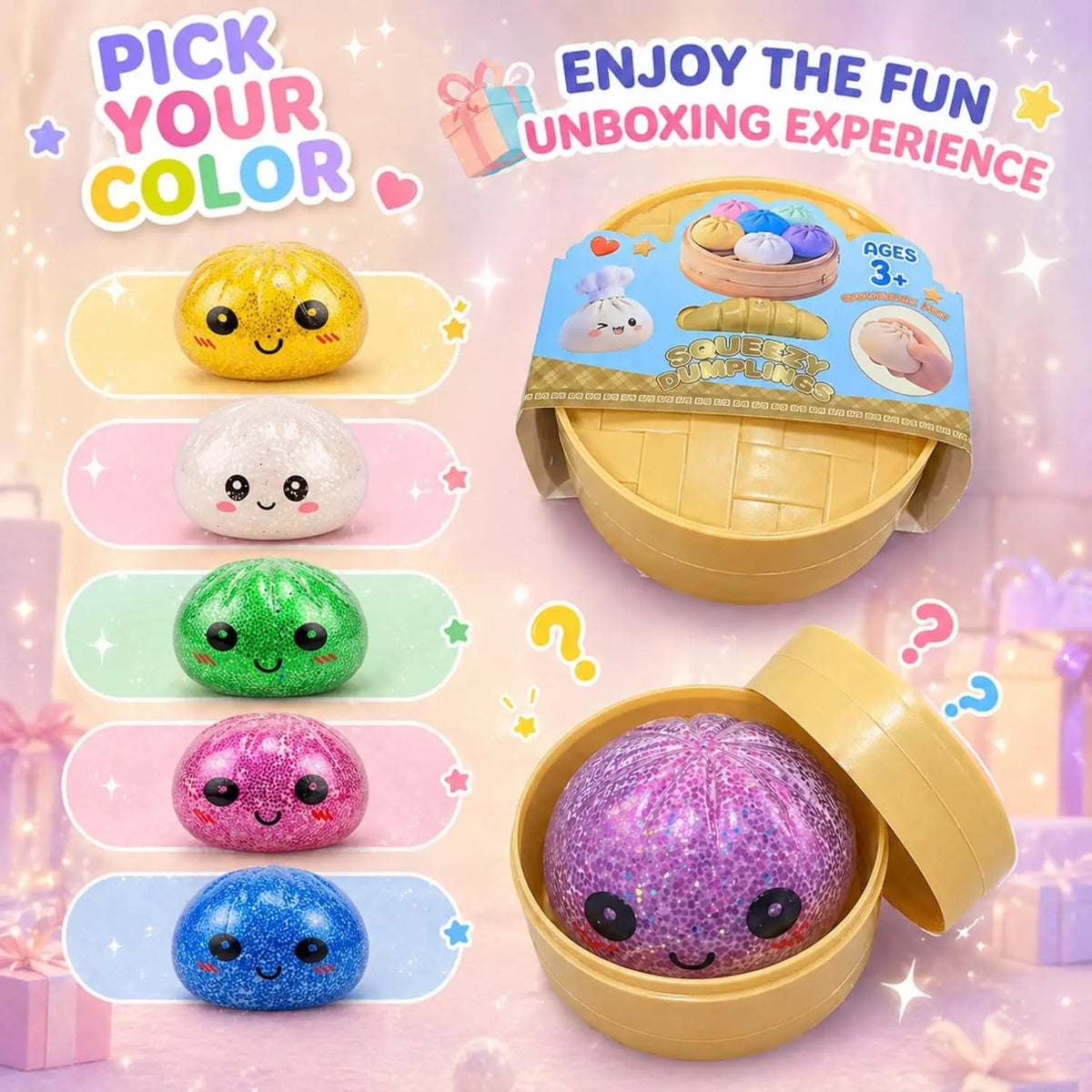 A variety of colorful glitter squishy fidget toys are displayed in an open yellow container.