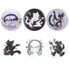 A set of three enamel pins featuring cats and dogs in various styles, including a dog, a cat playing guitar, and a cat with a