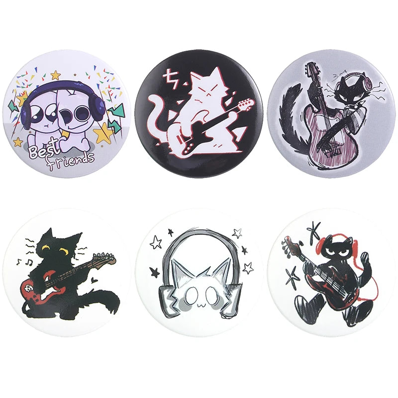A set of three enamel pins featuring cats and dogs in various styles, including a dog, a cat playing guitar, and a cat with a