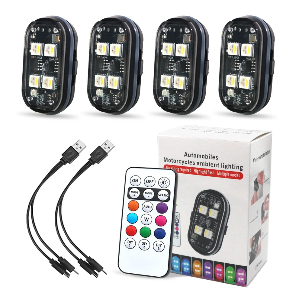 A set of multi-color ambient lighting modules for automobiles, including LED strips and a remote control.