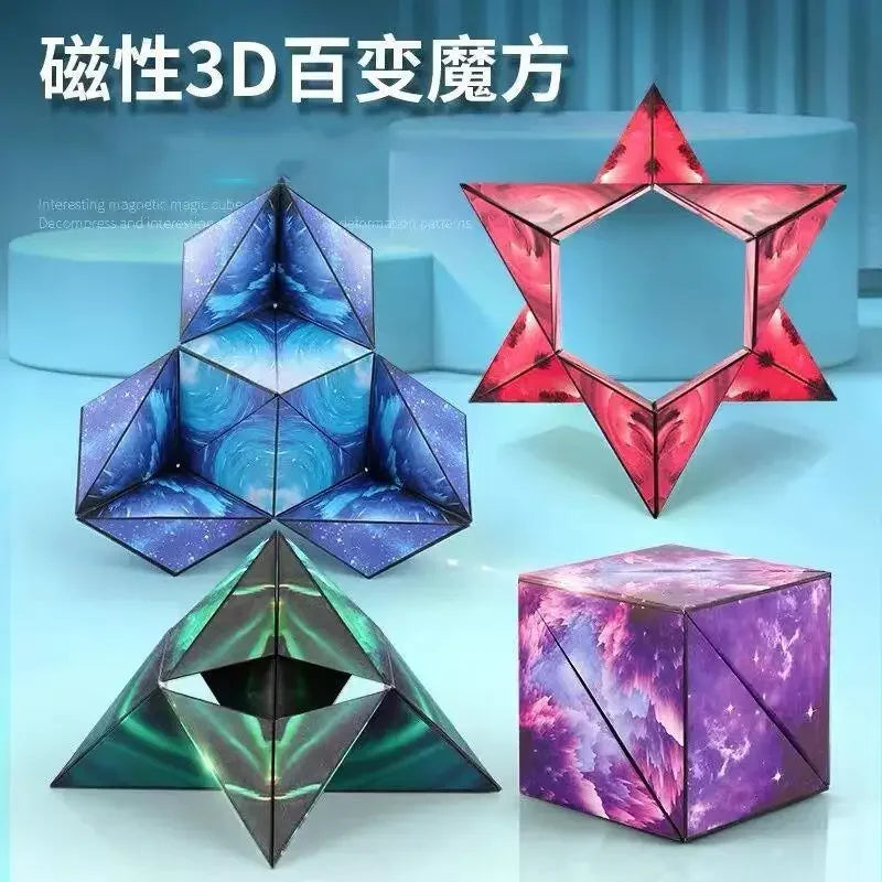 A set of magnetic fidget cubes featuring various geometric shapes and colors, including a star, pyramid, and cube.
