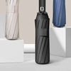A black automatic compact folding umbrella is shown next to a beige umbrella.