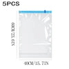 A clear vacuum storage bag with a blue seal and hand pump, shown next to its dimensions.