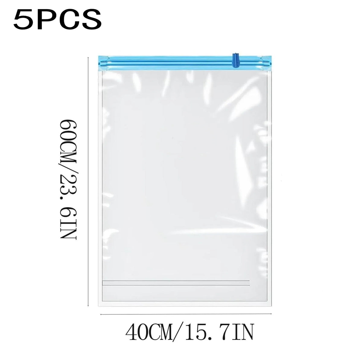 A clear vacuum storage bag with a blue seal and hand pump, shown next to its dimensions.