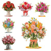 A collection of various floral bouquets featuring red, pink, and orange roses and other flowers in decorative vases.