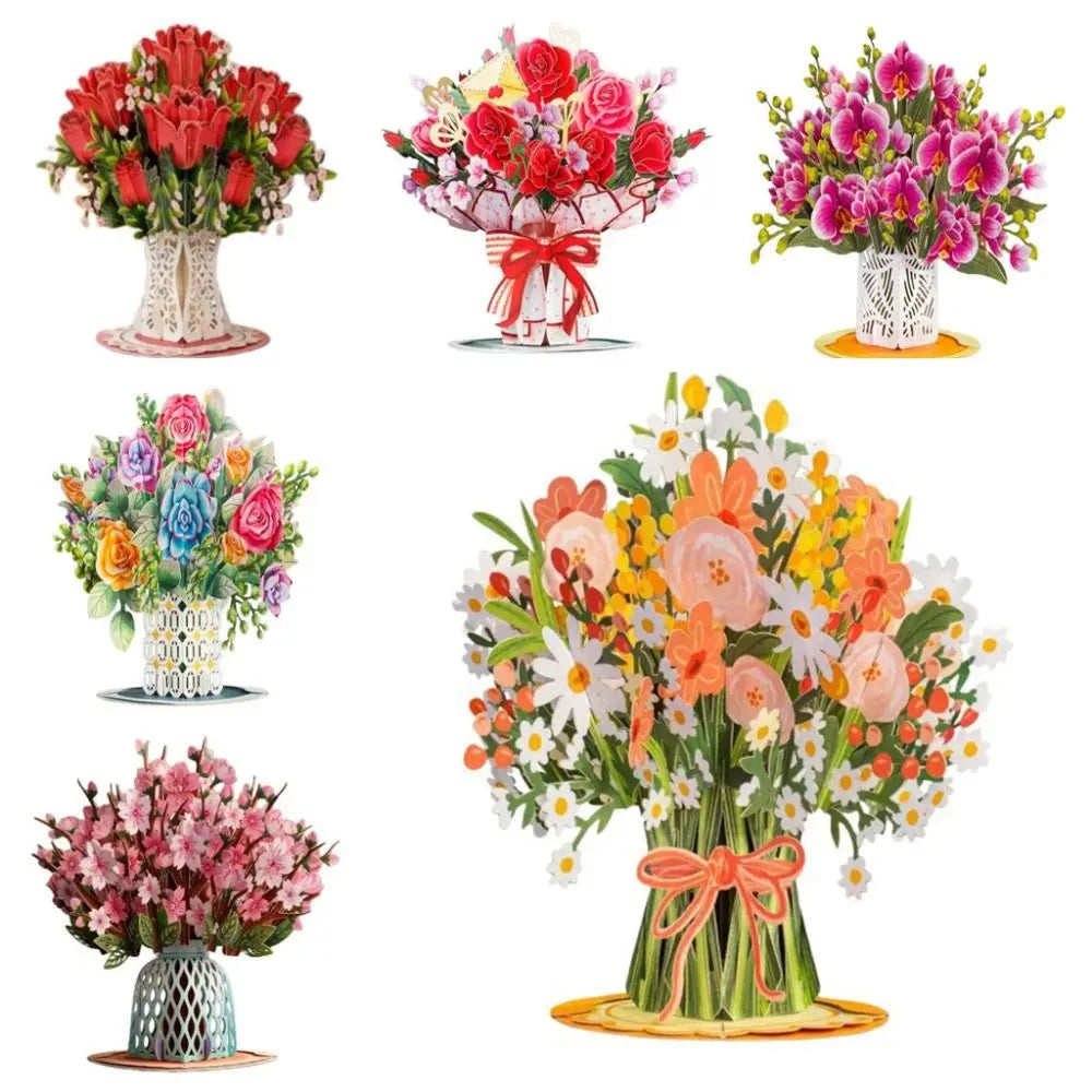 A collection of various floral bouquets featuring red, pink, and orange roses and other flowers in decorative vases.